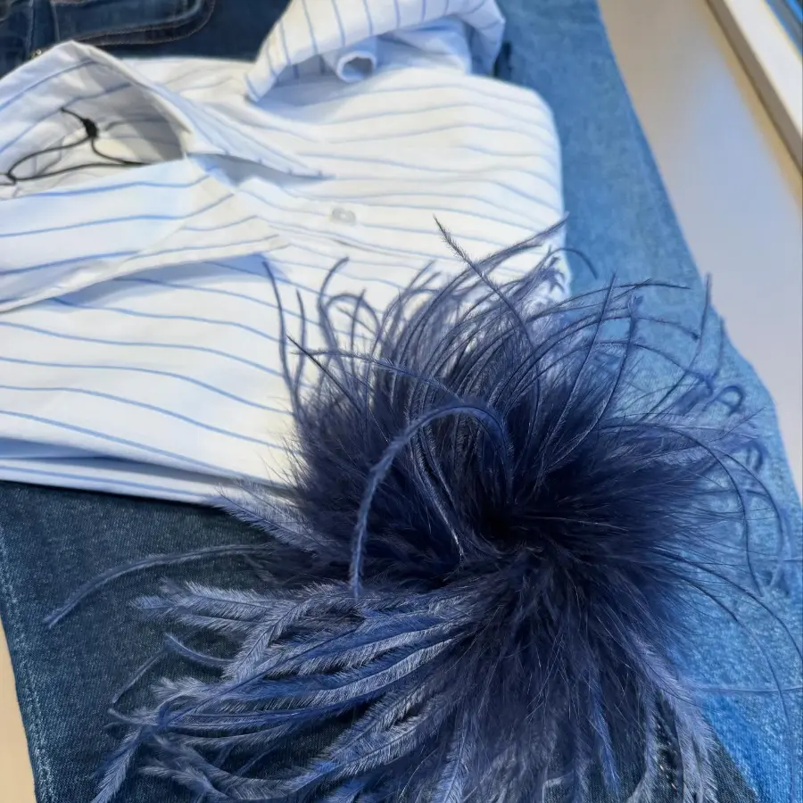 liegende Jeans mit passender weiß-Blauer Bluse und einem blauen Federbuschel im Vordergrund